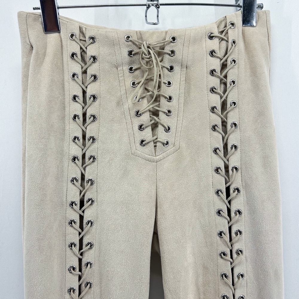 Maniere De Voir Beige Front-Lace Skinny Pants - Picture 2 of 7